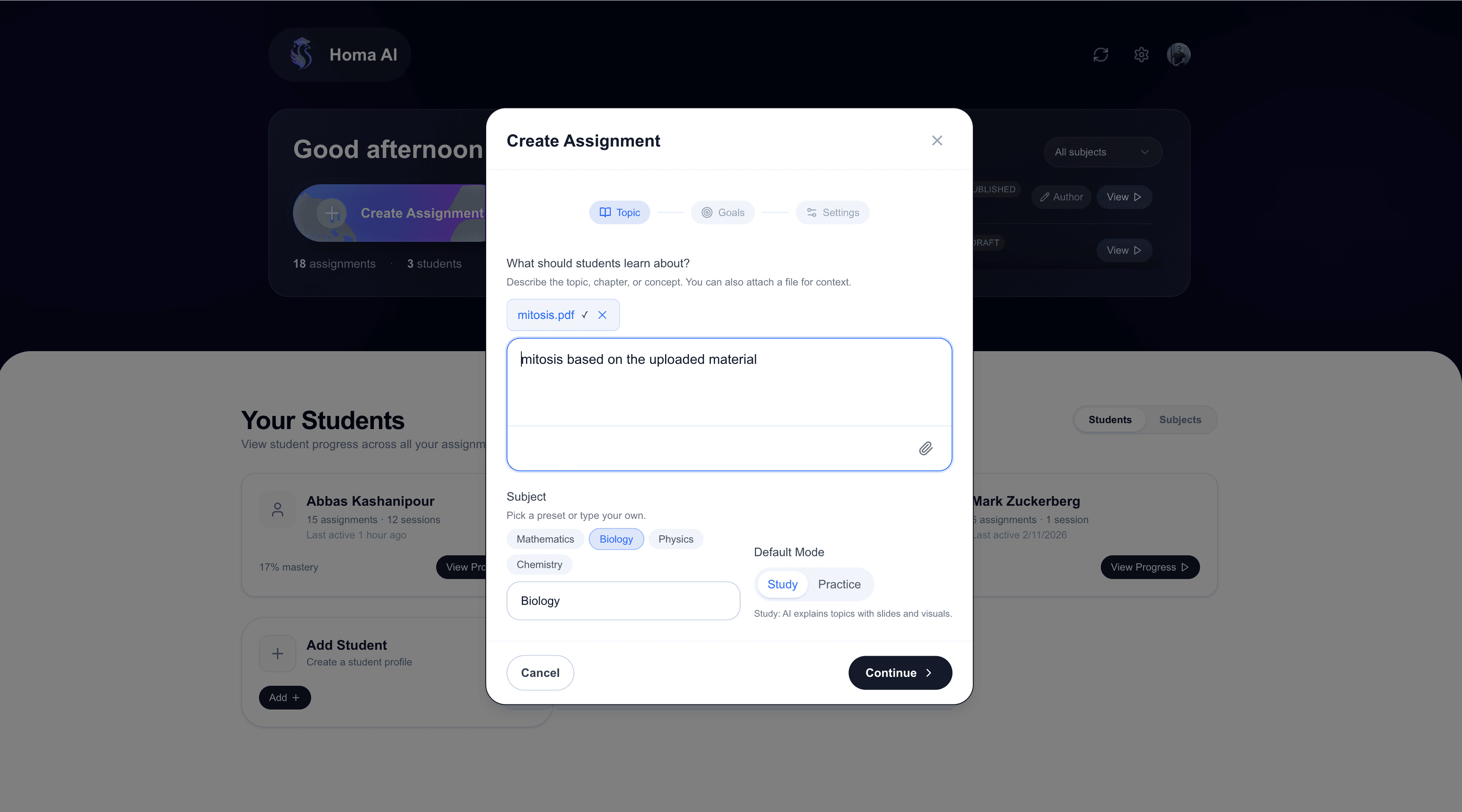Teacher creating an assignment with topic, goals, and settings
